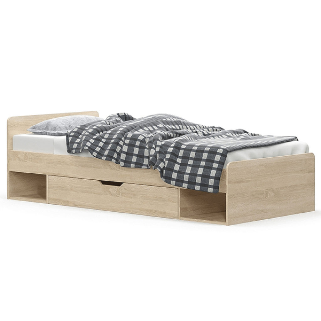 Praktičan krevet modernog svježeg dizajna u boji hrast sonoma.
