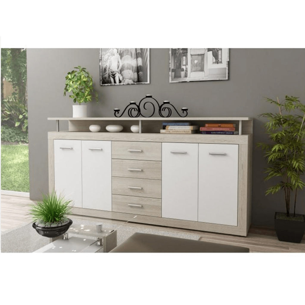 Komoda Jachim-Julos je izrađena od laminirane iverice u kombinaciji boje hrast sonoma + bijela boja. Ima 2 vrata i 4 ladice. Vrata komode su u mat boji. Preporučujemo kombinirati sa setom za dnevni boravak Jachim - Julos.
