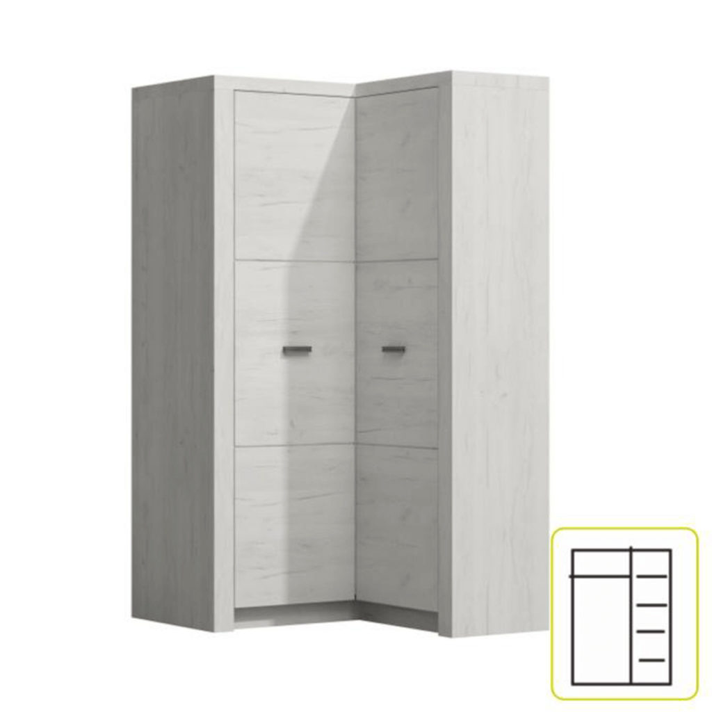 Kvalitetan kutni ormar Inneas prikladan za dnevne boravke, spavaće sobe ili blagovaonice. Ima police i šipku za vješanje odjeće. Dolazi u boji jasen bijeli.
