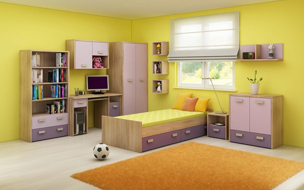 Dječja soba Kimi 2 se sastoji od komde, police, noćnog stolića, kreveta, police,ormara, PC stolića, visećeg ormarića, regala.