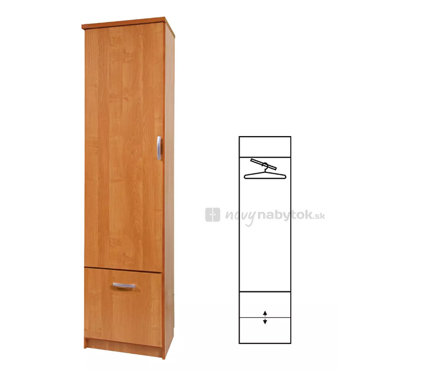 Jednodijelan garderobni ormar. U gornjem dijelu se nalazi šipka za vješanje odjeće a u donjem dijelu ormarić s jednom policom.