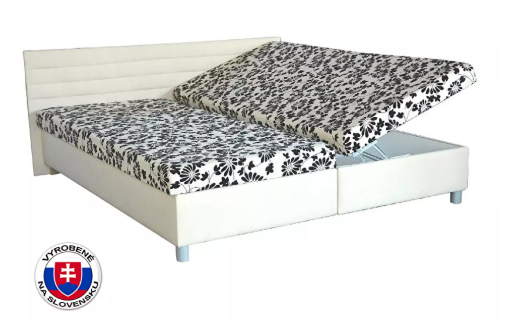 Luksuzan bračni krevet ima okvir koji je ispunjen pjenom. Korpus je izrađen od čvrste ploče od iverice, a prednji dio dopunjuju 8 cm visoke metalne noge. Isporučuje se s madracima. i ima prostor za odlaganje
