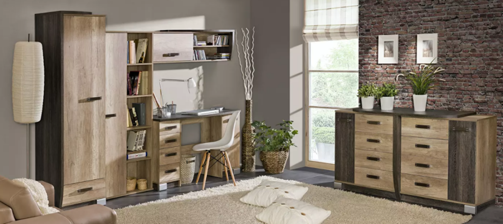 Radna soba Roverdon 1 se sastoji od 2x ormar s policama, regala, TV stolića, PC stolića i 2x komoda za vaš ured

