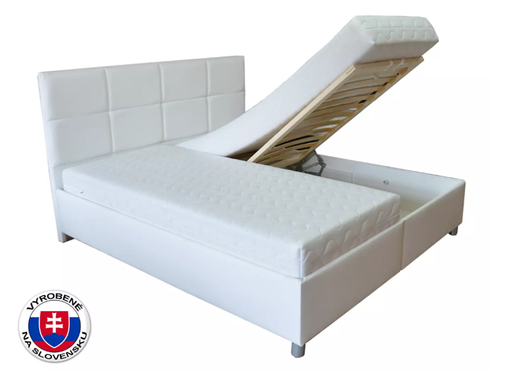 Elegantan bračni krevet s visokim uzglavljem ispunjenim pjenom debljine 3 cm. Uzglavlje je visoko 116 cm. Podnica sadrži 15 letvica i smještena je u okvir od smreke. Podnica se može podesiti u području glave. Krevet stoji na metalnim nogama visine 8,5 cm i ima prostor za odlaganje
