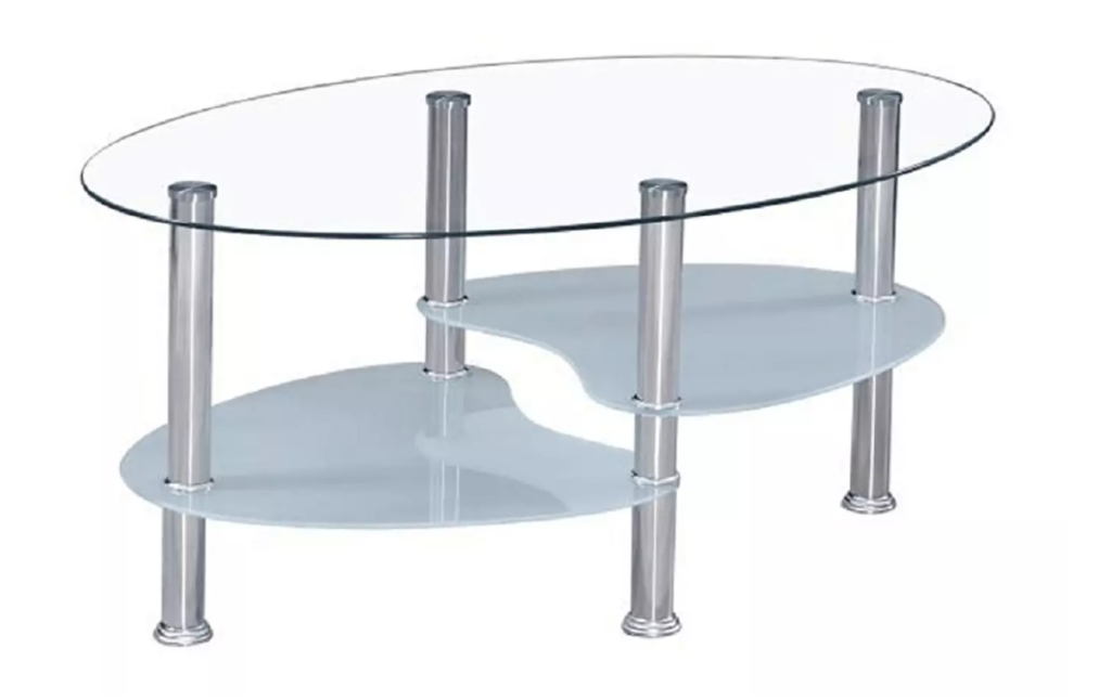Stolić za kavu Wick s prozirnom staklenom gornjom pločom. Nogice su od čelika.
