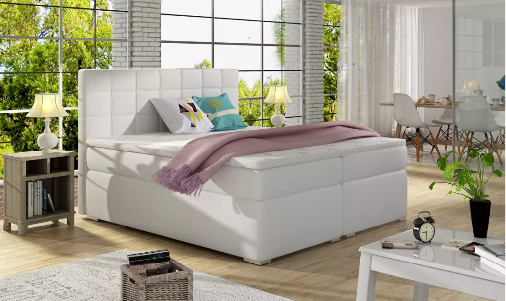 Boxspring bračni krevet modernog dizajna za najudobniji san. Cijeli krevet je presvučen tkaninom. Donji bonell madraci su umetnuti u drveni okvir. 