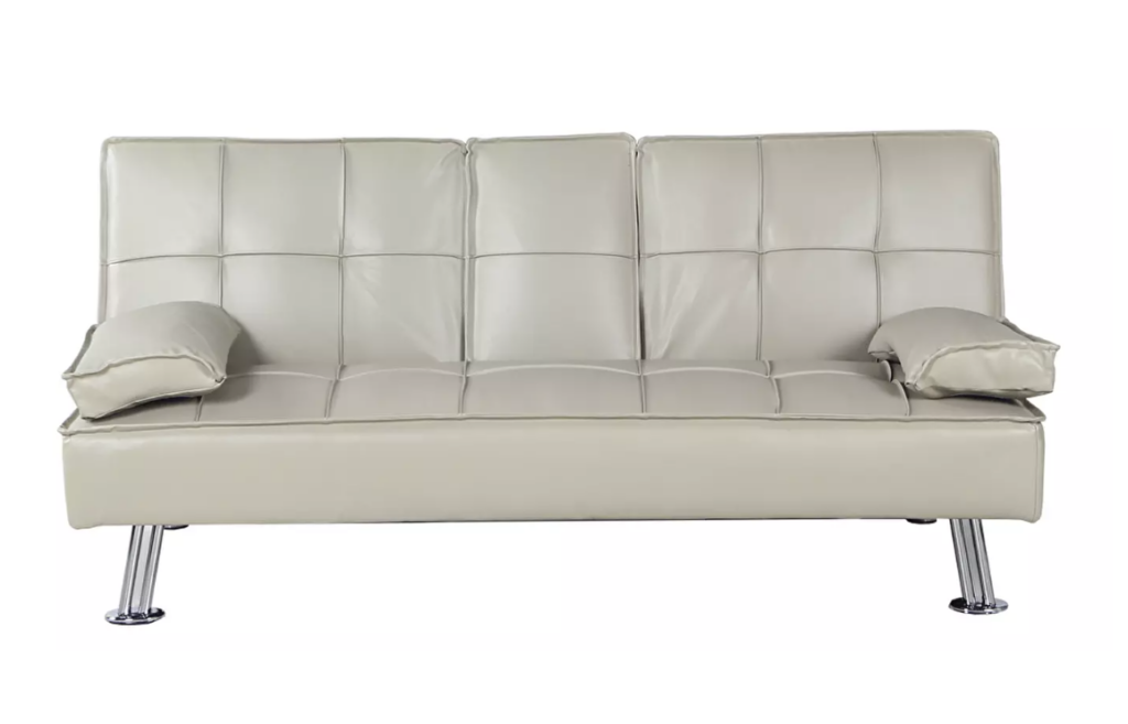 Kvalitetna obrada eko kože i metalne noge čine ga izuzetnom i elegantnom sofom. Trosjed na razvlačenje se ističe funkcijom preklapanja središnjeg dijela te tako stvara naslon za ruke ili stolić za male zalogaje. Također je opremljen funkcijom spavanja. Uz sofu dolaze i 2 jastuka koji zamjenjuju naslone za ruke kada je sofa u obliku kreveta.