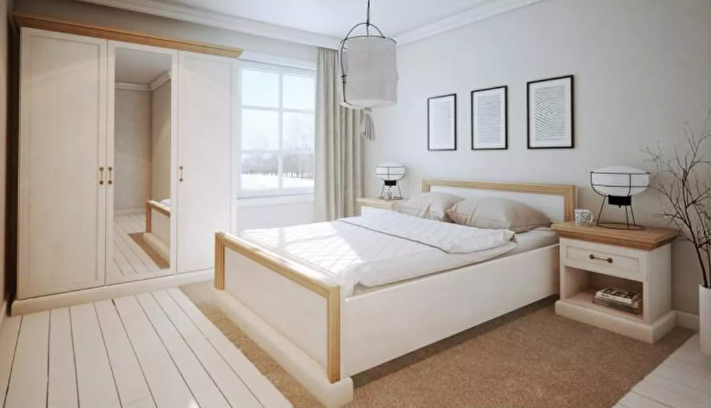 Prostran i elegantan ormar Regor s policom. U sredini se nalaze vrata s ogledalom. U kombinaciji boja bor norveški + divlji hrast.