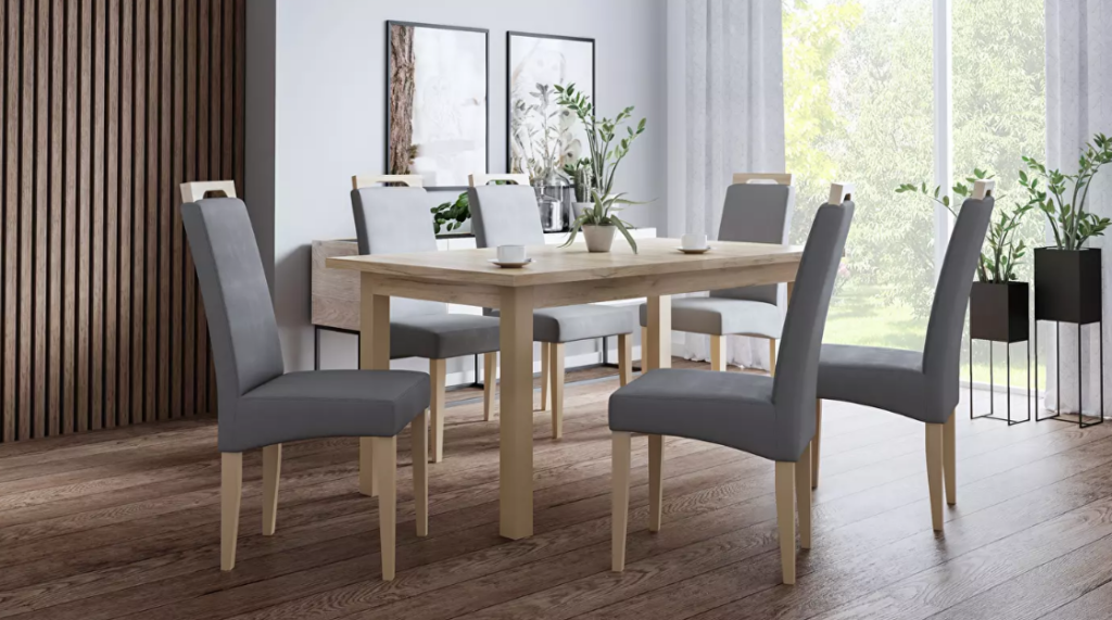 Blagovaonski set Auber sastoji se od sklopivog stola i šest stolica u sivoj boji. Sjedalo i stražnji dio stolica u potpunosti su tapecirani što povećava udobnost. Stol možete razvući i tako stvoriti mjesto za osam osoba.
