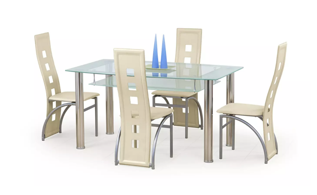 Blagovaonski stol Cristal za 6 osoba. Noge su od nehrđajućeg čelika, a ploča je od prozirnog i mliječnog stakla.
