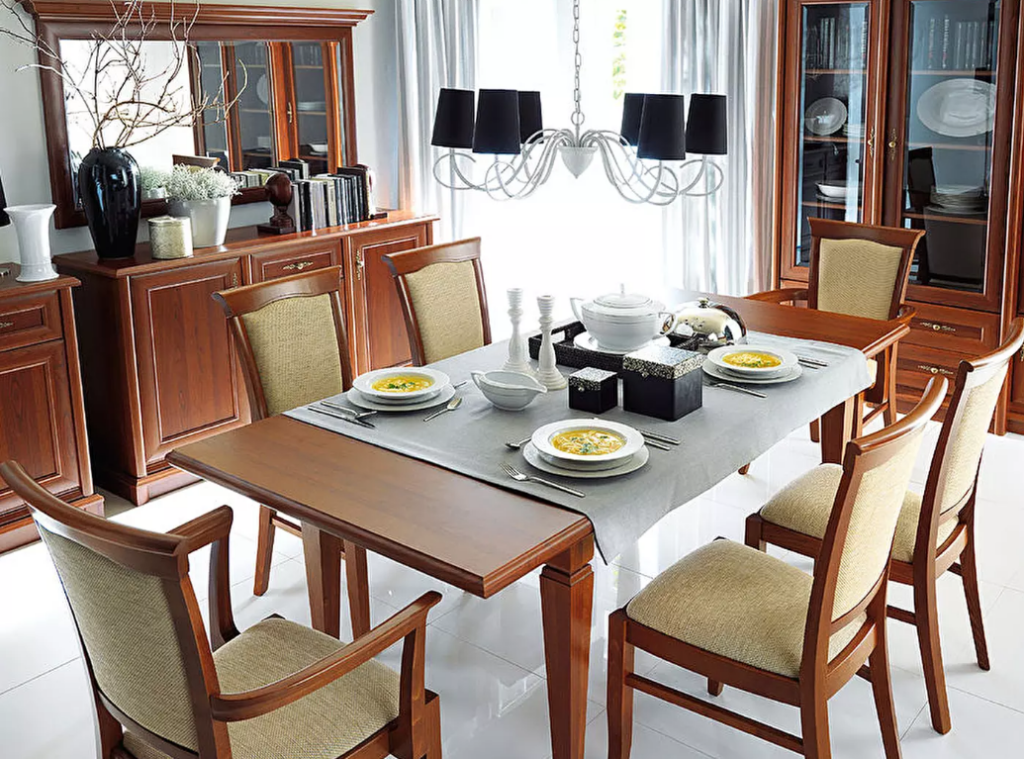 Blagovaonski set Kent 2 sadrži komodu, vitrinu i blagovaonski stol