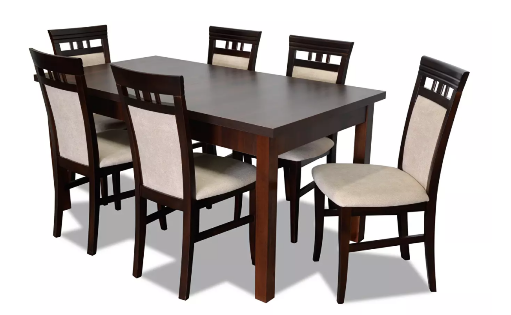 Blagovaonski set Elias sastoji se od stola i šest stolica. Stol se može razvući, a stolice imaju tapecirane naslone i sjedišta.
