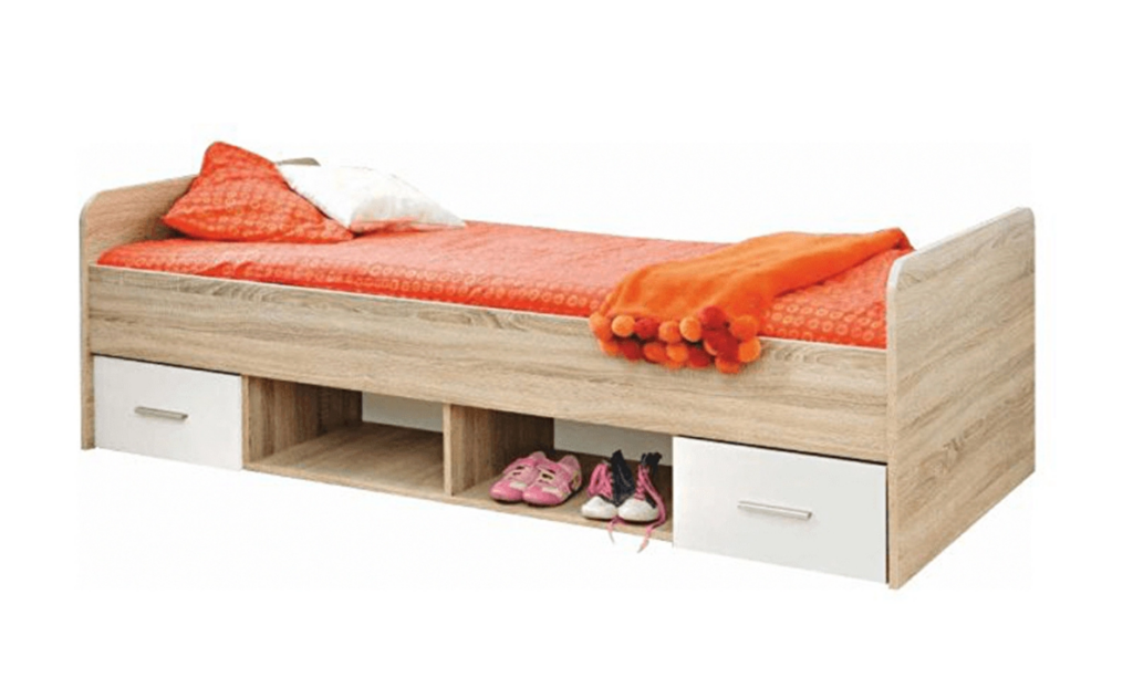 Jednostruki krevet Ericus modernog dizajna, s dvije ladice i otvorenim policama. Prikladan za dječje i mladenačke sobe. U kombinaciji bijele boje i hrasta sonome.
