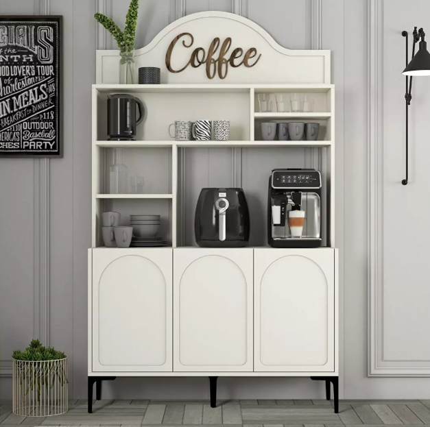 Kredenc Lyra (krem + crna) koji može služiti i za pohranu kuhinjskih dodataka kao što je pribor, šalice, zdjelice i slično