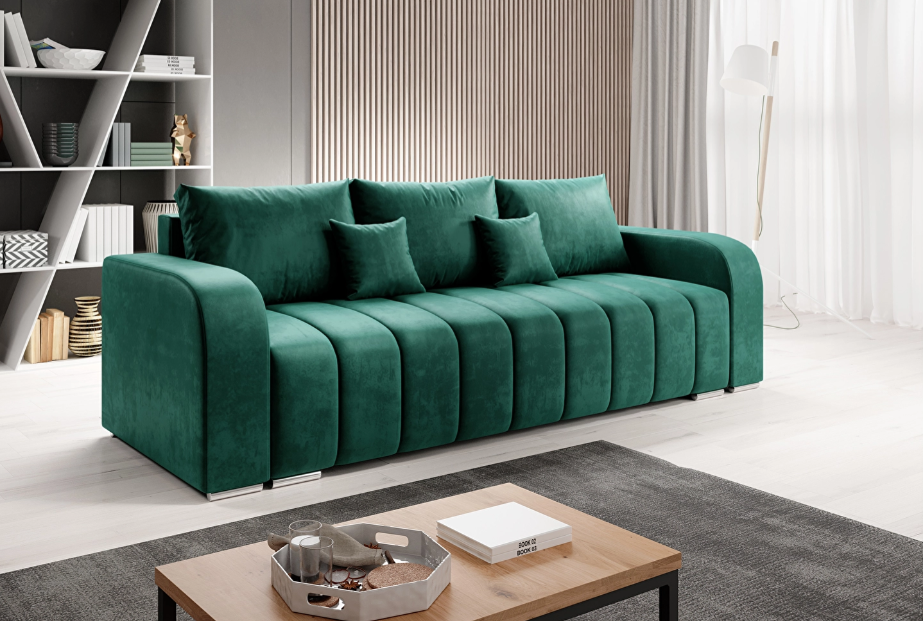 Ova je sofa u potpunosti presvučena tkaninom Monolith u smaragdnoj boji, što joj daje moderan i luksuzan izgled. namještaj dolazi s tri velika i dva mala jastuka za udobno sjedenje i funkcijom rasklapanja koja omogućuje jednostavno pretvaranje u krevet veličine 140x200 cm