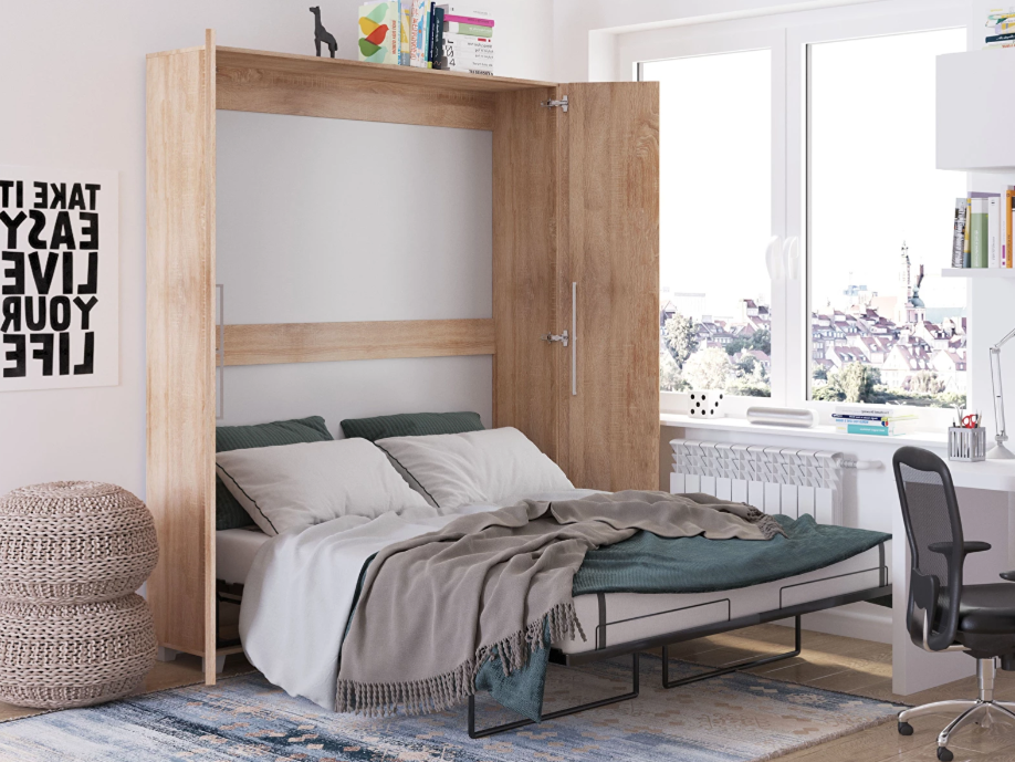 160 Todd (Sonoma Oak) (Vertical) sklopivi krevet idealan namještaj za one koji traže praktično i funkcionalno rješenje za svoj dom. Ovaj krevet izrađen je od visokokvalitetnog materijala - sonoma hrasta, koji prostoriji daje moderan izgled. Njegova glavna prednost je mogućnost sklapanja, zahvaljujući kojoj možete uštedjeti puno prostora i koristiti ga, na primjer, kao stol ili prostor za igru.