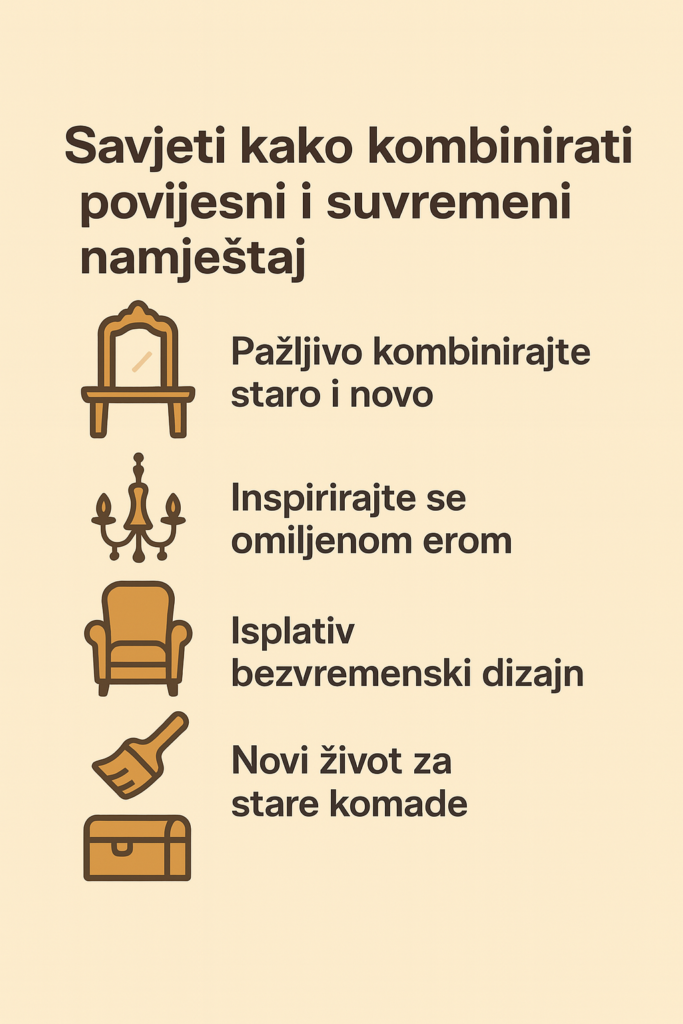 Kombiniranje povijesnog i suvremenog namještaja uspješno počinje pažljivim spajanjem starog i novog, inspiracijom omiljenom erom, odabirom bezvremenskog dizajna i davanjem novog života starim komadima.