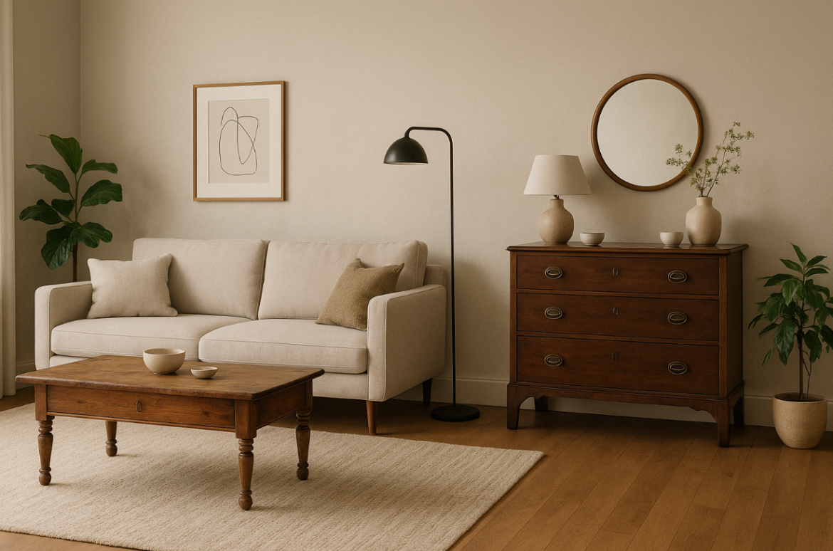 Elegantan dnevni boravak u neutralnim tonovima s bež kaučem, drvenim stolićem i komodom s ogledalom.