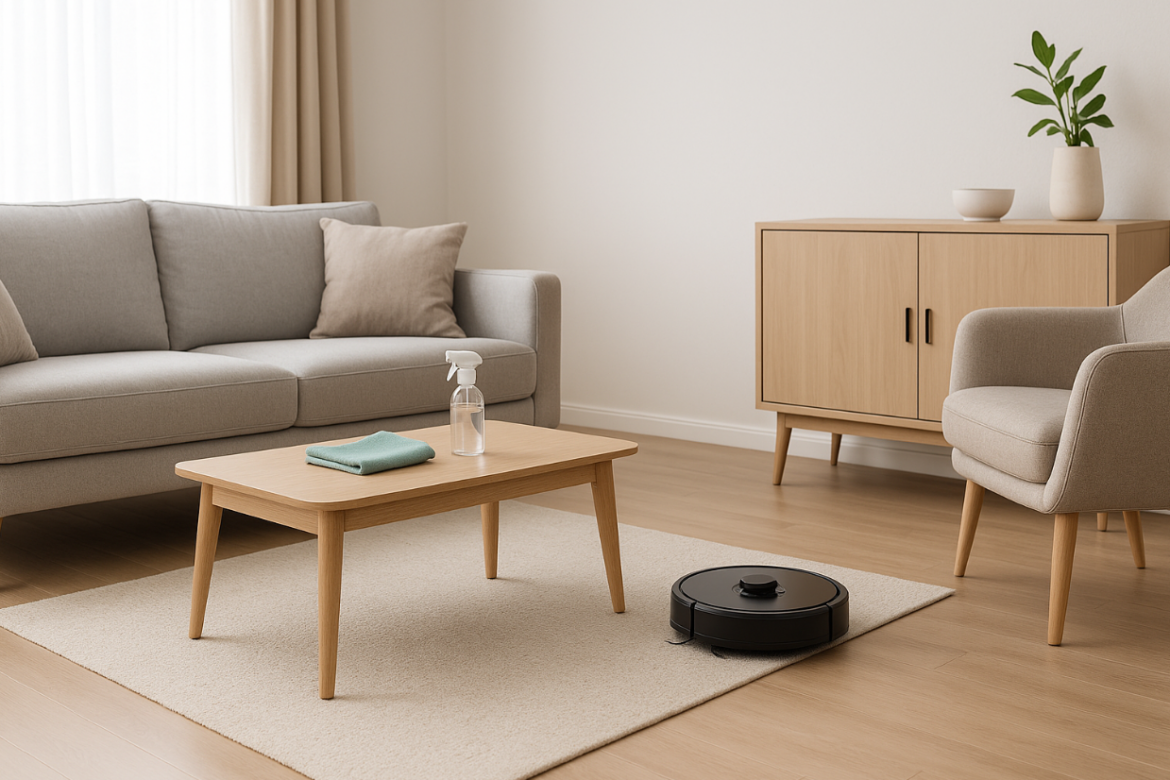 Moderan dnevni boravak s bež kaučem, drvenim stolićem i ormarićem, te crnim robotskim usisivačem na tepihu