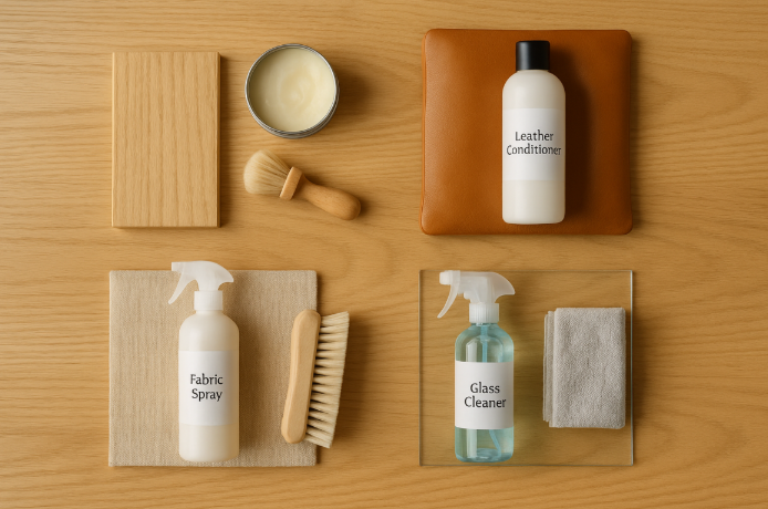 Različiti proizvodi i alati za čišćenje i njegu drva, kože, tkanine i stakla, posloženi na drvenoj površini.
