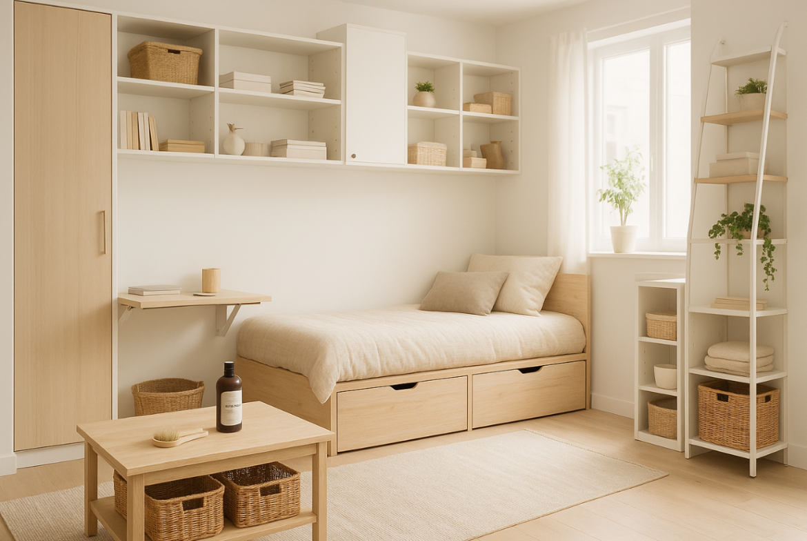 Svijetla spavaća soba s minimalističkim drvenim krevetom s ladicama, otvorenim policama, ormarom i stolom, te prirodnim dekoracijama.