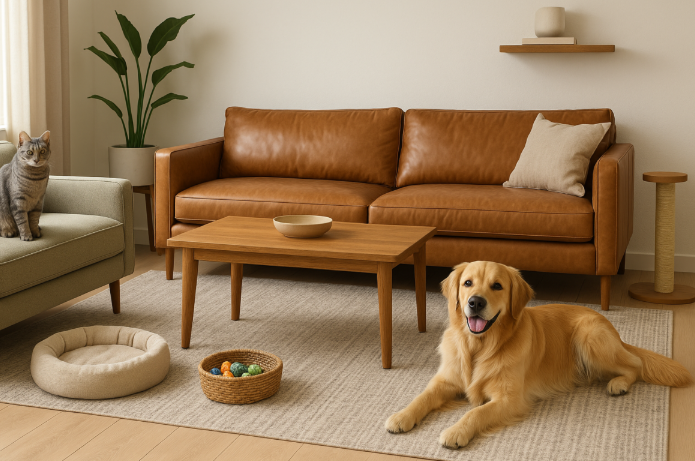 Ugodan dnevni boravak s kožnim kaučem, drvenim stolićem, zlatnim retriverom i sivom mačkom.