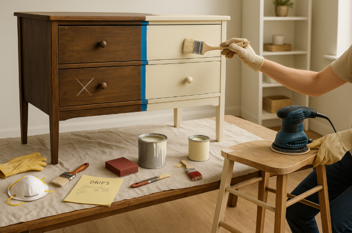 Osoba farba staru drvenu komodu u bijelu boju, dok je dio već obojen smeđe i plavo, prikazujući proces restauracije namještaja