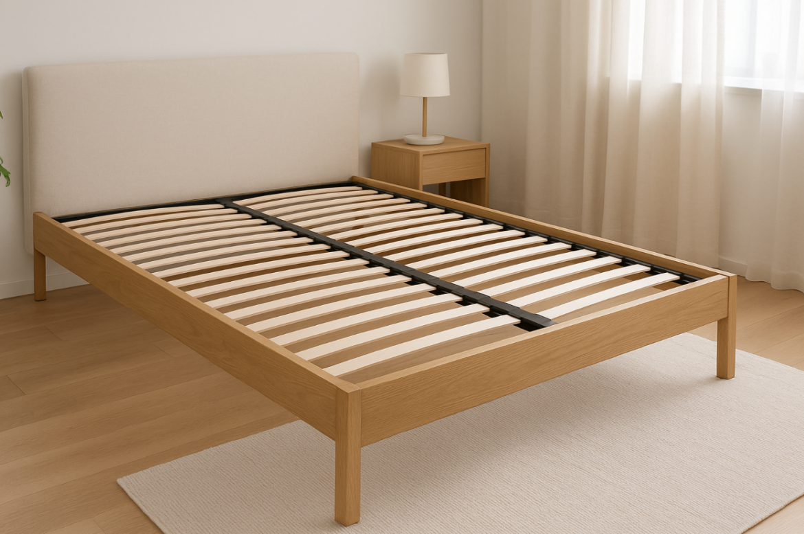 Drveni krevet s tapeciranim uzglavljem i podnicom, u spavaćoj sobi s neutralnim bojama.