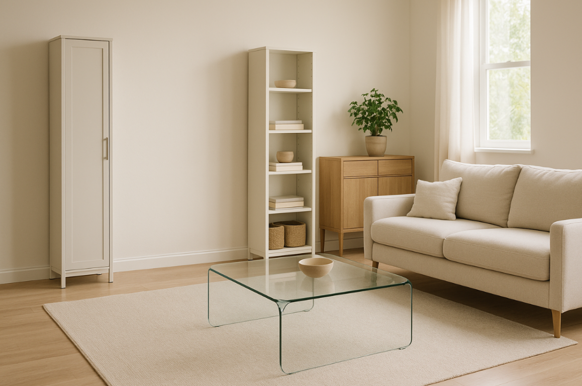 Moderan, minimalistički dnevni boravak u svijetlim tonovima s bež sofom, staklenim stolićem, bijelim policama i ormarom.