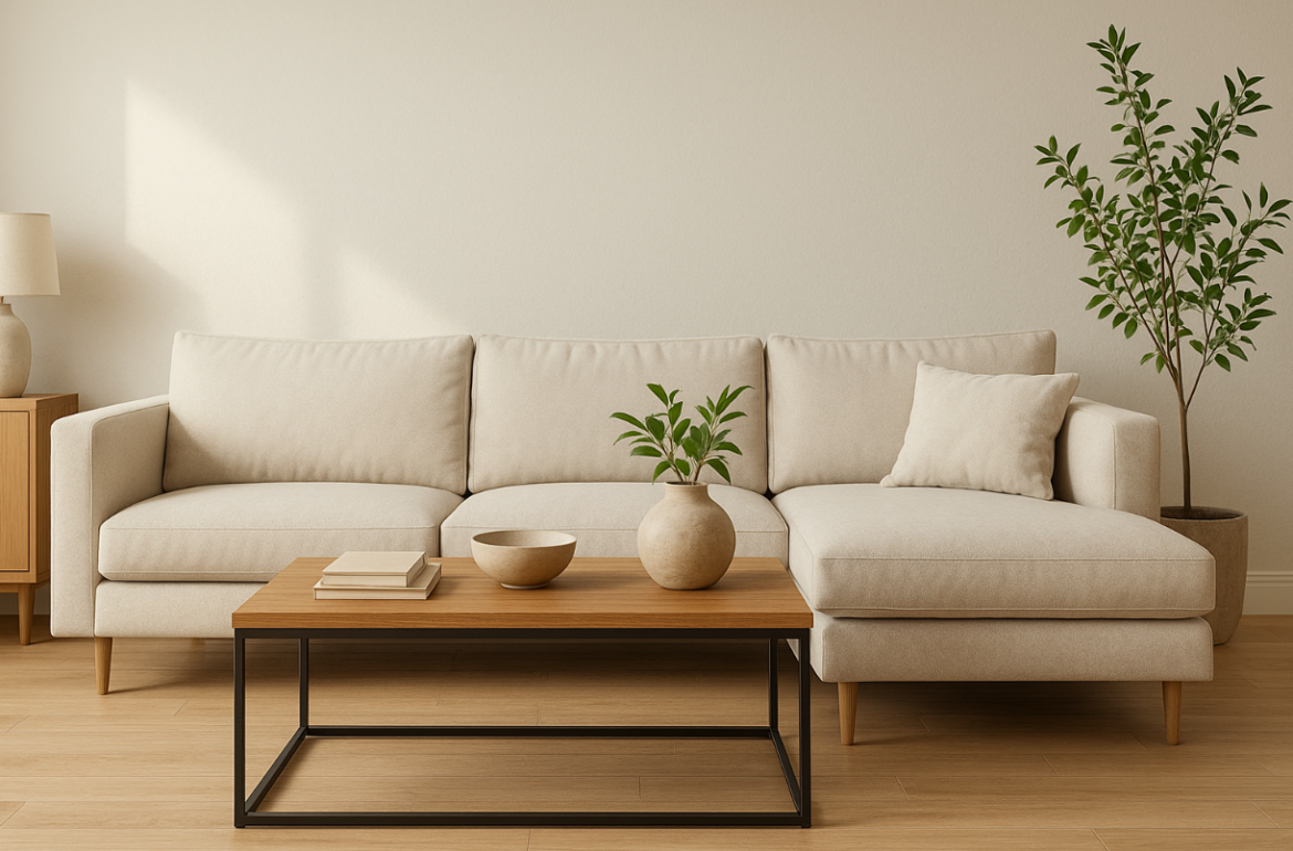 Moderan, minimalistički dnevni boravak s bež kutnom sofom, drvenim stolićem za kavu i biljkama, uređen u neutralnim tonovima.