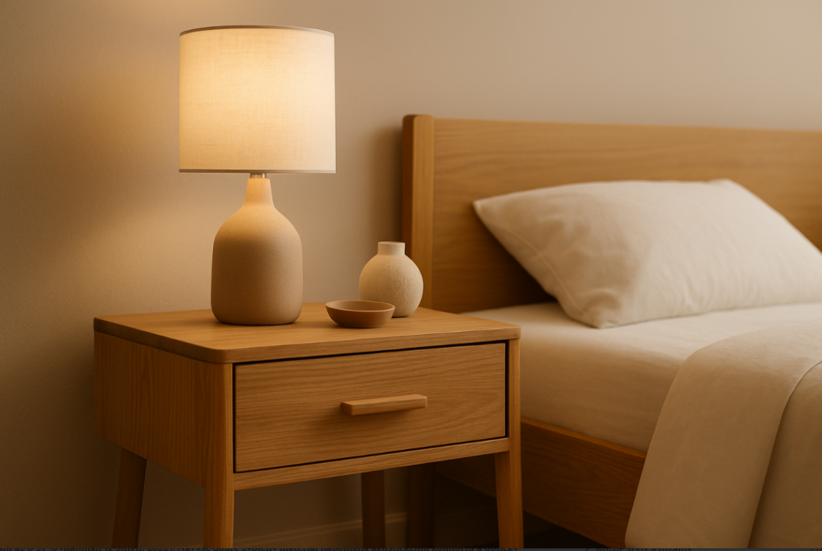 Noćni ormarić od svijetlog drva s upaljenom lampom i vazom, pored kreveta s bijelom posteljinom.