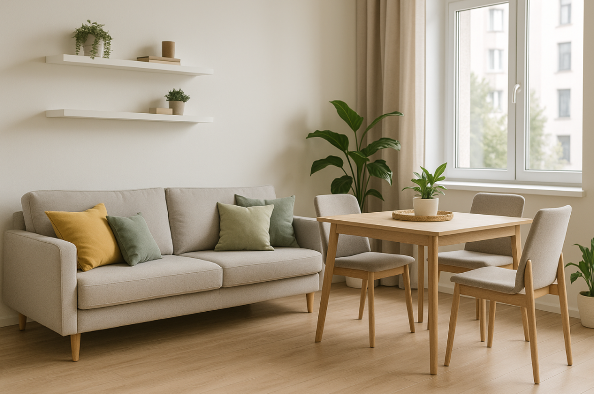 Uređen, svijetao dnevni boravak s bež sofom, plutajućim policama i blagovaonskim stolom s četiri stolice.