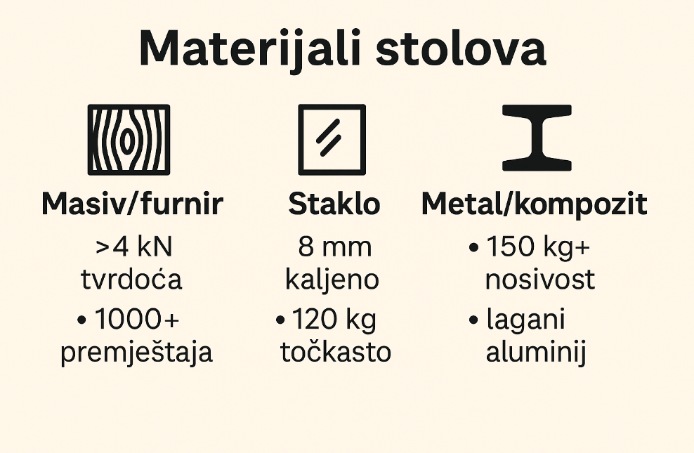 infografika s naslovom "Materijali stolova" ispisanom tamno smeđom bojom na svijetloj, kremastoj pozadini. Infografika je podijeljena u tri stupca, od kojih svaki predstavlja jedan materijal, s pripadajućim ikonama i popisom svojstava.