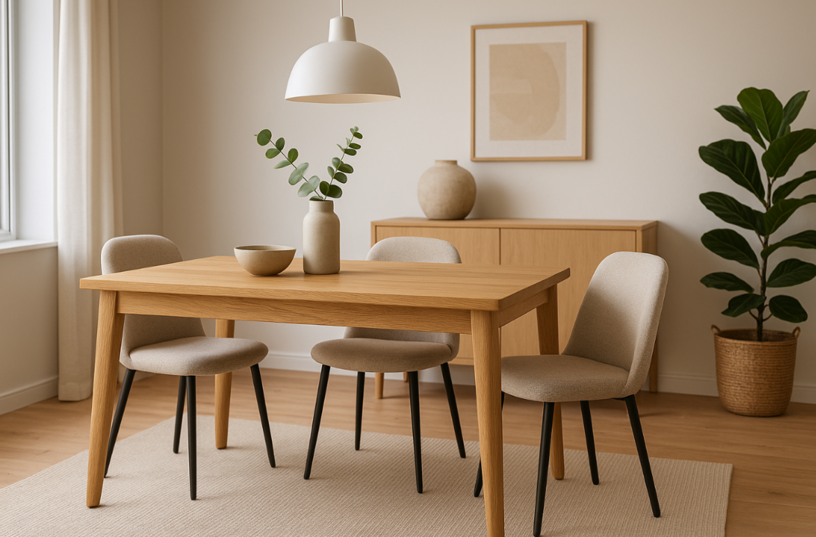 Blagovaonski stol od svijetlog drva s tri tapecirane stolice u modernom minimalističkom interijeru.