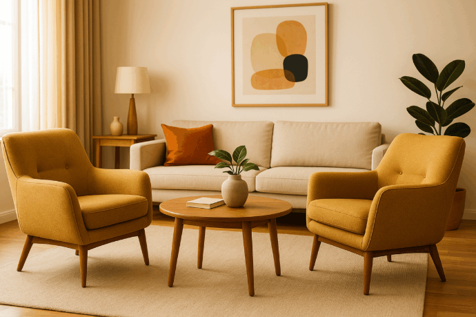 Dnevni boravak uređen u toplim, zemljanim tonovima s bež sofom, dvije oker-žute fotelje i okruglim stolićem za kavu.