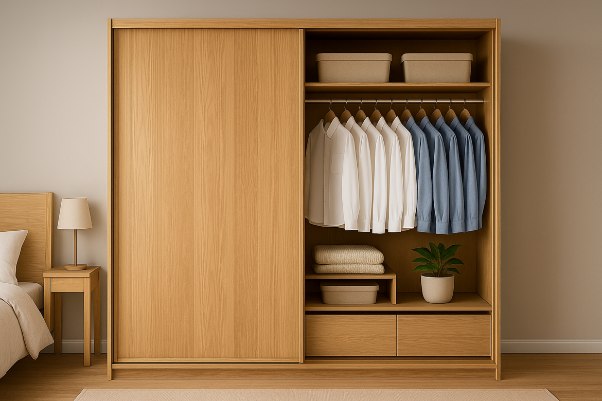 Moderan ormar od svijetlog drva s kliznim vratima, otvorenim policama i ladicama.