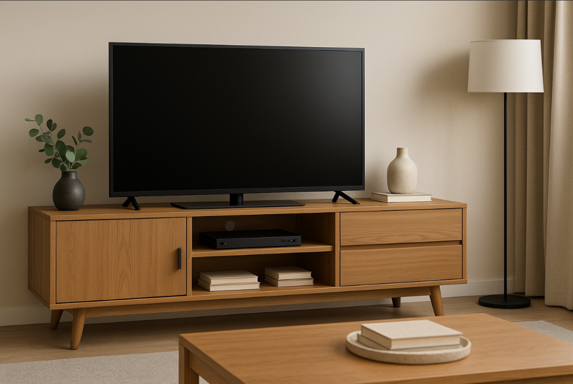 Moderni dnevni boravak s drvenim TV ormarićem, televizorom i ukrasnim detaljima.