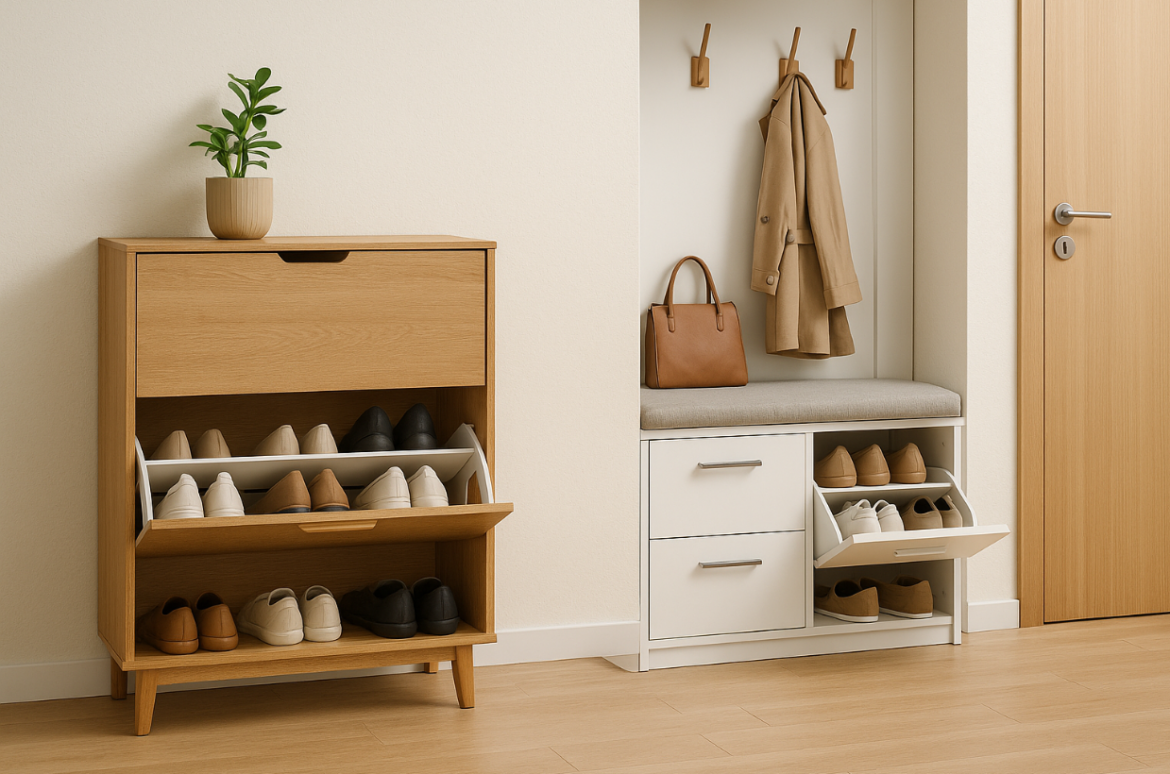 Moderno predsoblje s drvenim i bijelim ormarićima za obuću, klupom za sjedenje i vješalicama za kapute.