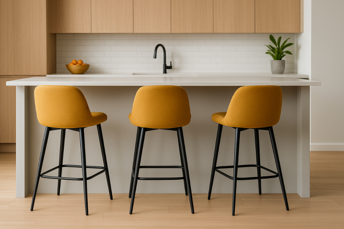 Tri moderne barske stolice s crnim nogama i žutim tapeciranim sjedištem ispred kuhinjskog otoka.