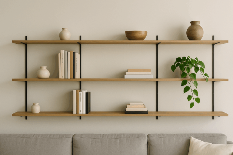 Zidne police od svijetlog drva s crnim nosačima, ukrašene knjigama i biljkama.