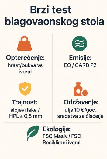 Praktični vodič za brzu procjenu kvalitete i održivosti blagovaonskog stola.