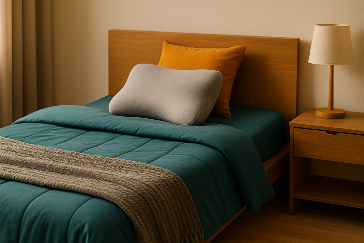 Namještena spavaća soba s modernim drvenim krevetom, sivim i narančastim jastukom te plavom dekom.