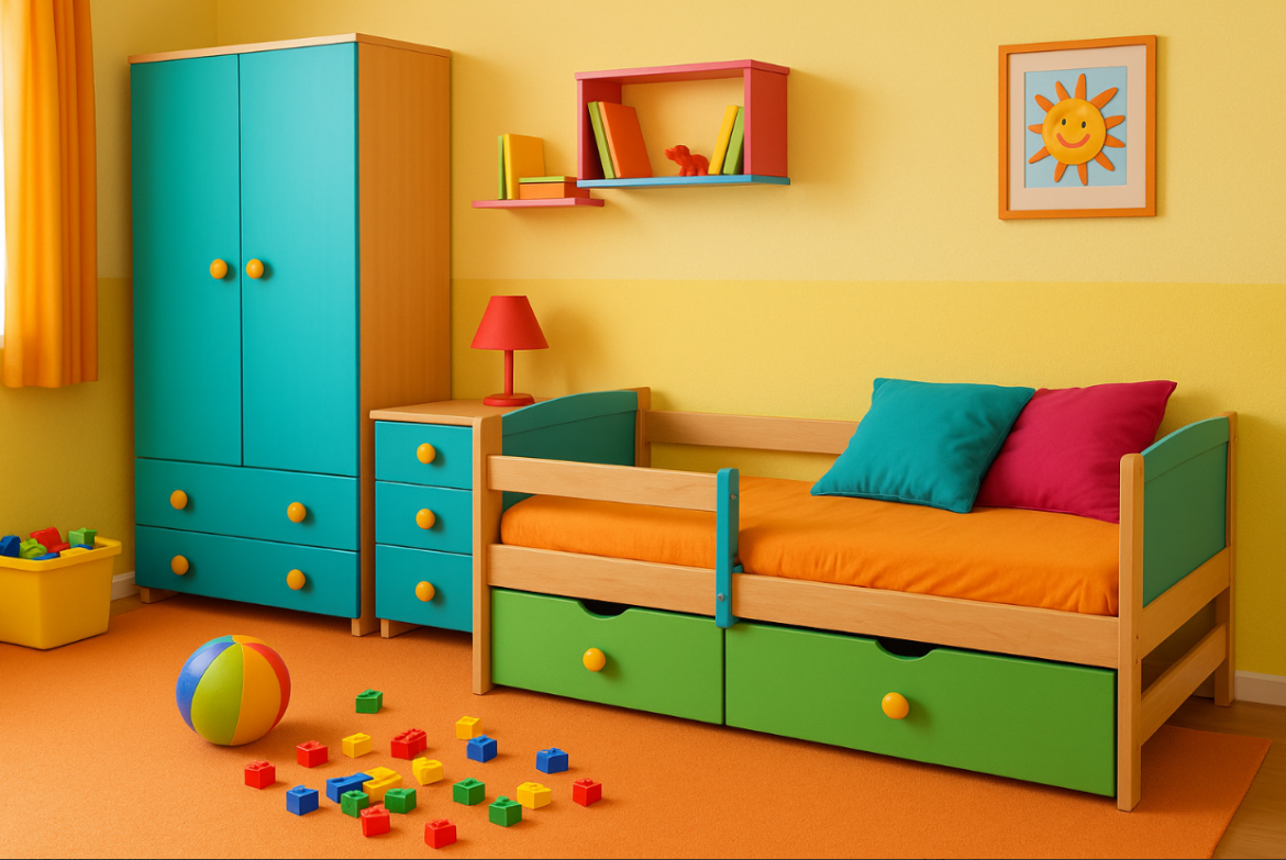 Šarena dječja soba s krevetom, ormarom i igračkama na podu.