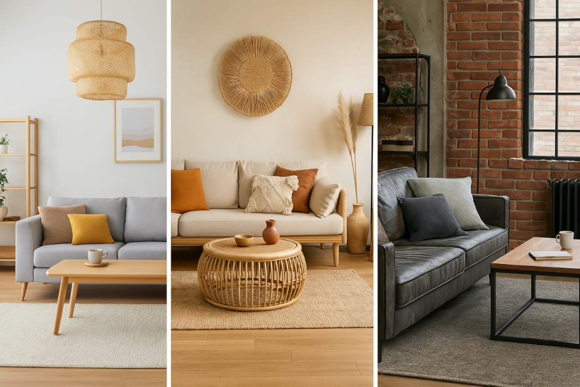 Tri različita interijera dnevnog boravka prikazuju stilove Scandi, Boho i Industrial, svaki s karakterističnim namještajem i dekoracijama.