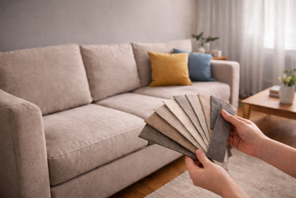 Ženske ruke drže lepezu uzoraka tkanina u neutralnim i zemljanim tonovima ispred moderne bež sofe.