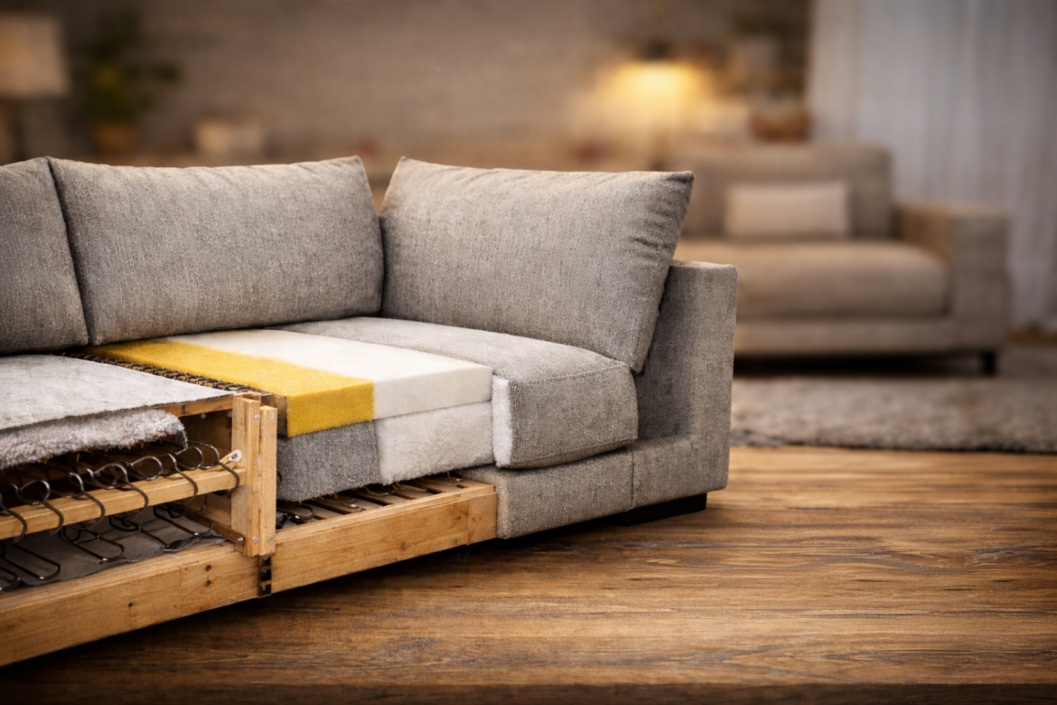 Presjek sive moderne sofe koji otkriva njezinu unutrašnju strukturu.