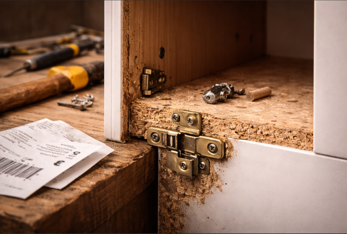 Izbliza prikaz oštećenog bijelog ormarića od iverice s izvučenom metalnom šarkom.