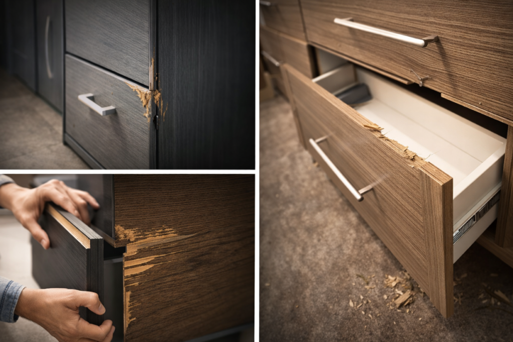 Najjeftiniji namještaj - Kolaž od tri fotografije koji prikazuje oštećenja na namještaju od tamnog i svijetlog drvnog laminata.