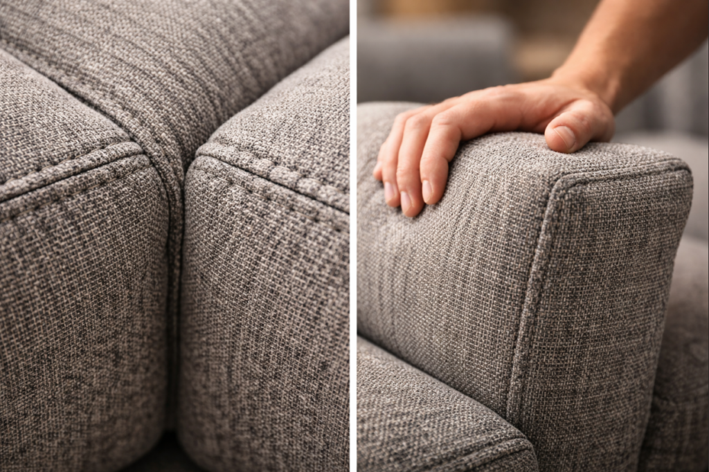 Garnitura za sjedenje - Detalj završne obrade i teksture moderne sive sofe.
