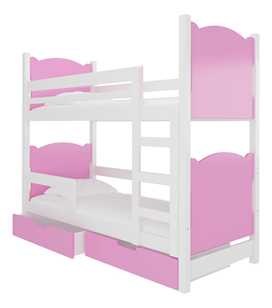 Dječji krevet na kat 180x75 cm Marryann (s podnicom i madracem) (bijela + ružičasta)
